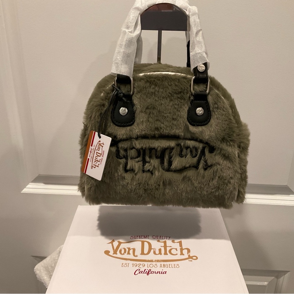 Von Dutch Sage Green Mini Dome Plush Bag - Y2K Furry Crossbody